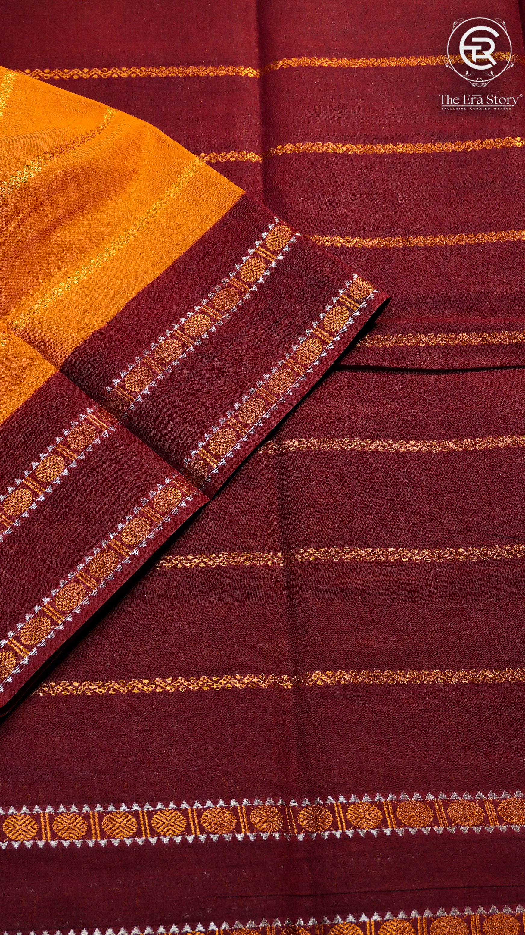 Yellow and Maroon Line Patterned Sungadi Pure Cotton Saree