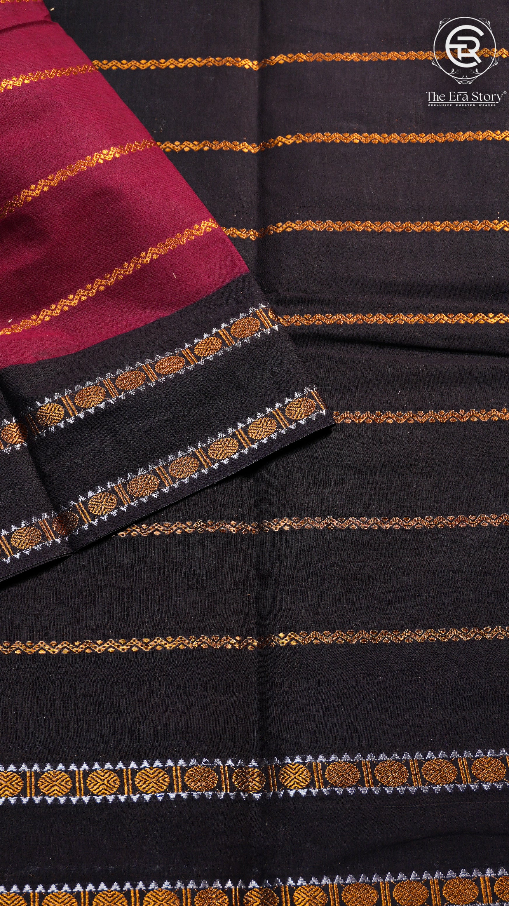 Black and Red Line Patterned Sungadi Pure Cotton Saree