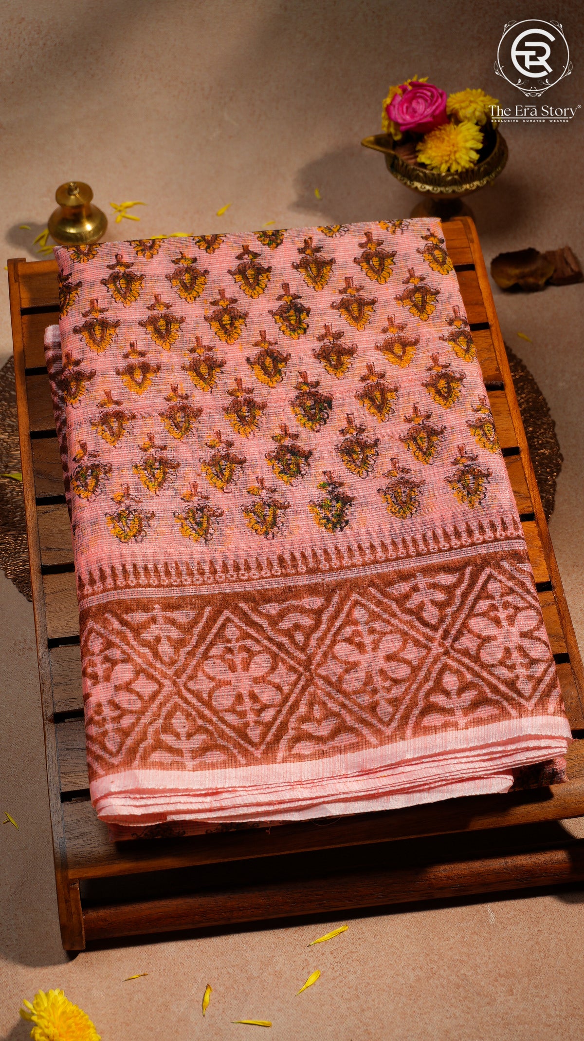 Peach Orange Floral Kota Doria Summer Cotton Saree