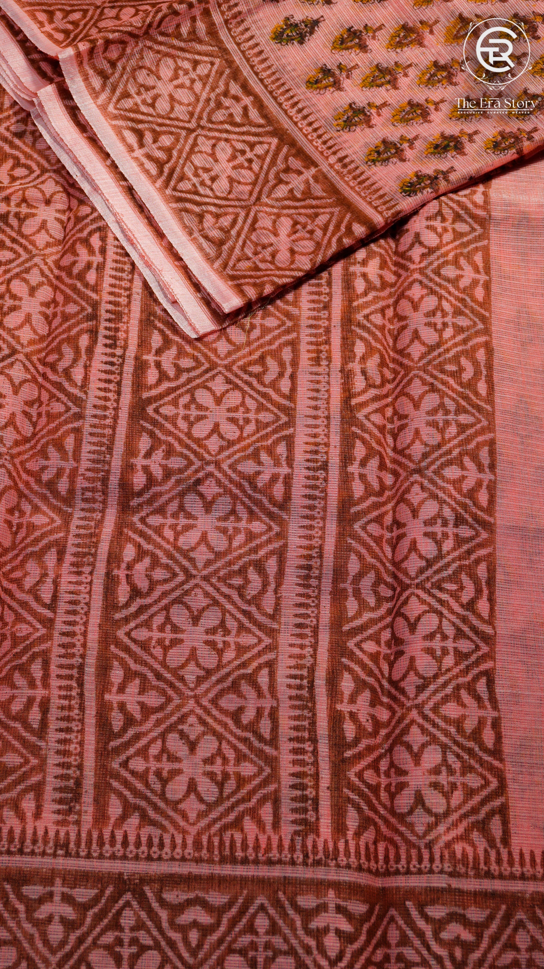 Peach Orange Floral Kota Doria Summer Cotton Saree