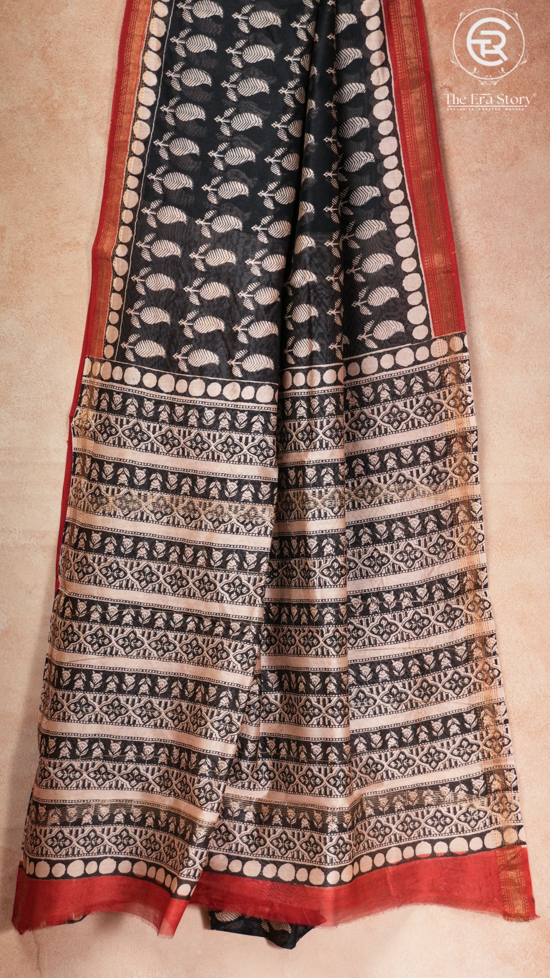 Red & Beige Mango Leaf Handblocked Pure Maheshwari Cotton Sarees