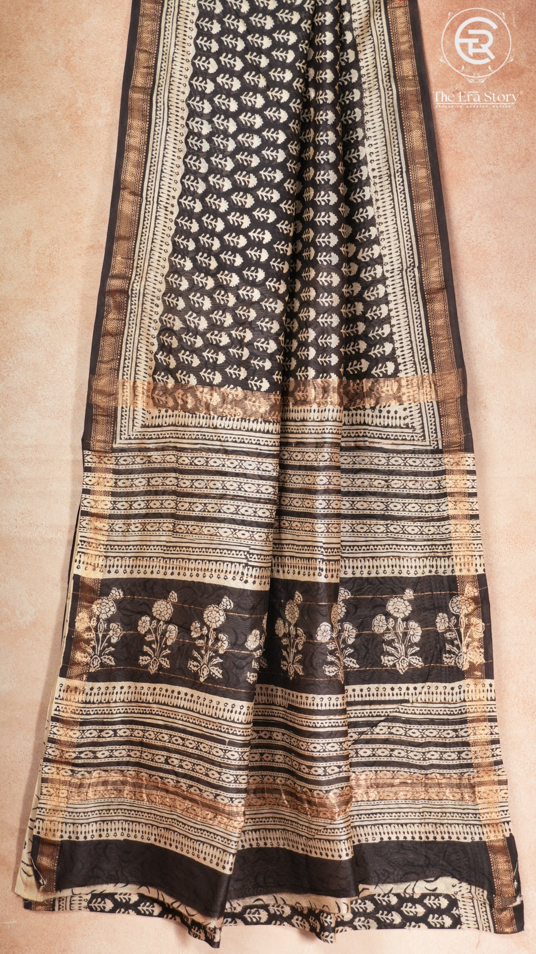 Black White & Red Mango Leaf Handblocked Pure Maheshwari Cotton Sarees