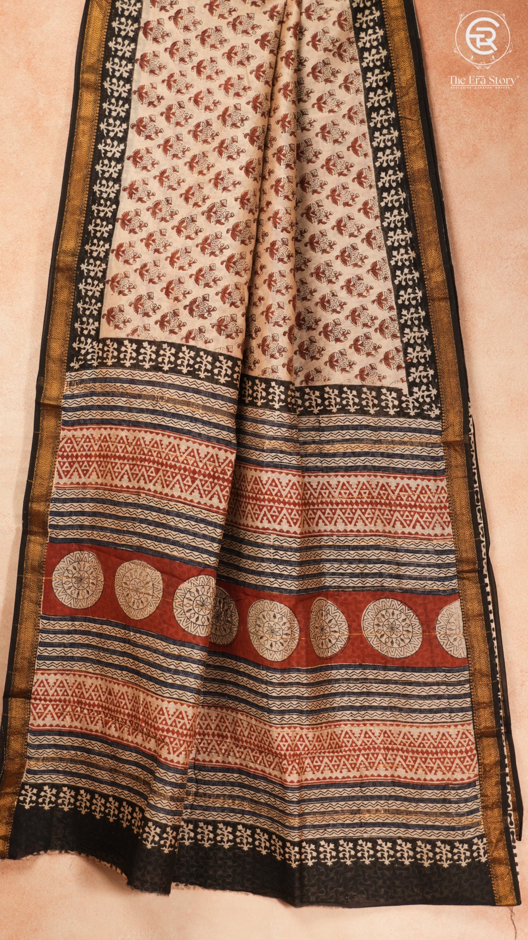 Beige & Maroon Floral Handblocked Pure Maheshwari Cotton Sarees