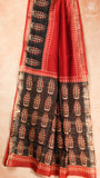 Red & Black Pine Cone Floral Handblocked Pure Maheshwari Cotton Sarees