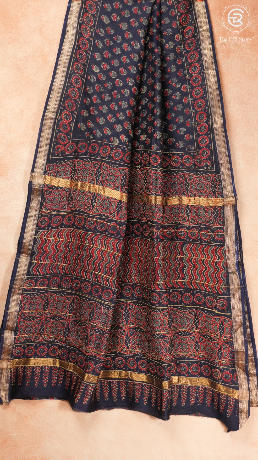 Blue & Green Floral Handblocked Pure Maheshwari Cotton Sarees
