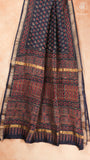 Blue & Green Floral Handblocked Pure Maheshwari Cotton Sarees