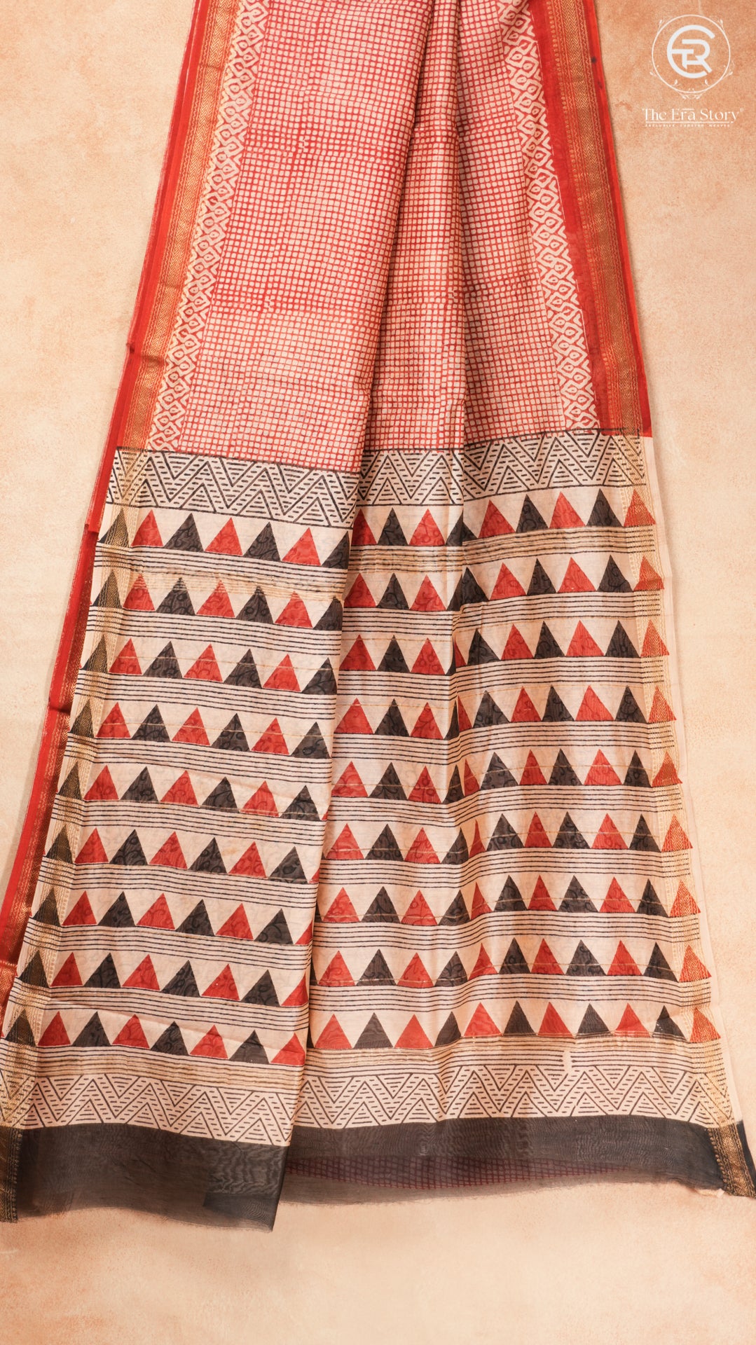 White & Red Checkered Handblocked Pure Maheshwari Cotton Sarees
