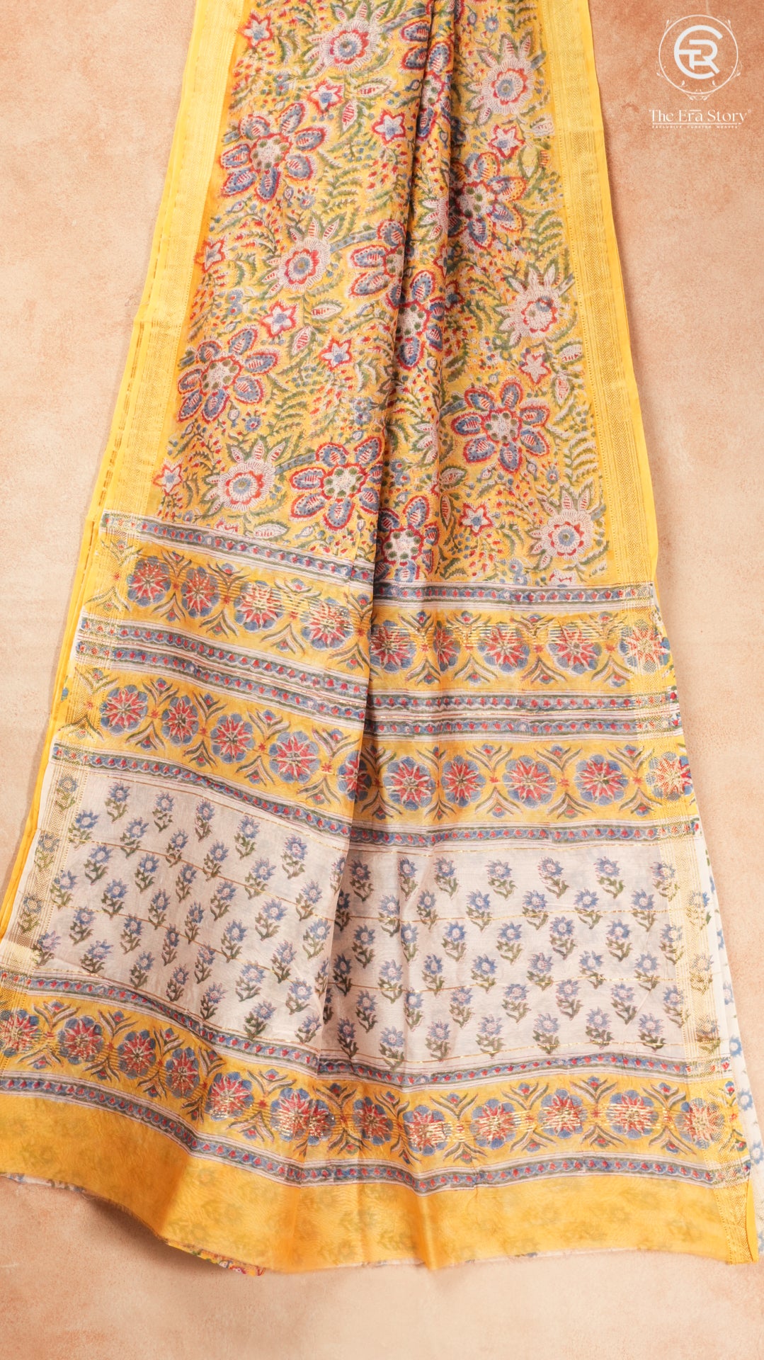 Yellow & Blue Floral Handblocked Pure Maheshwari Cotton Sarees