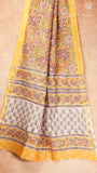Yellow & Blue Floral Handblocked Pure Maheshwari Cotton Sarees