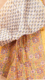Yellow & Blue Floral Handblocked Pure Maheshwari Cotton Sarees