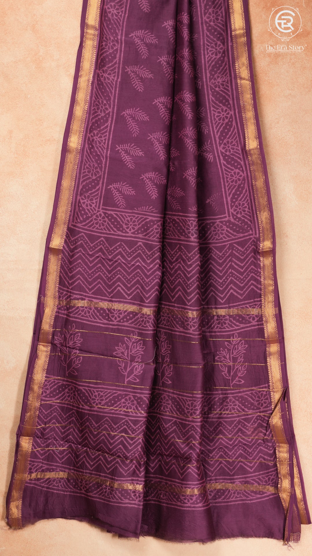 Purple Leaf Pattern Handblocked Pure Maheshwari Cotton Sarees