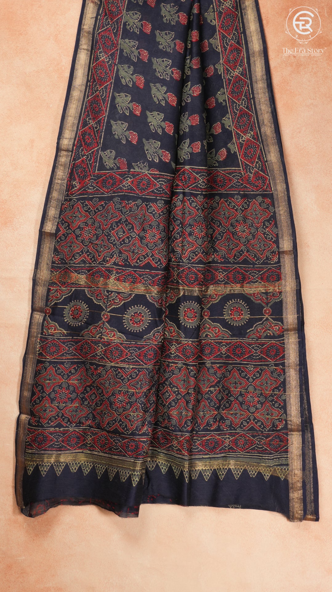 Blue Ajrakh Floral Handblocked Pure Maheshwari Cotton Sarees