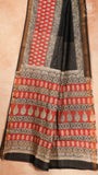 Black & Red Leaf Handblocked Pure Maheshwari Cotton Sarees
