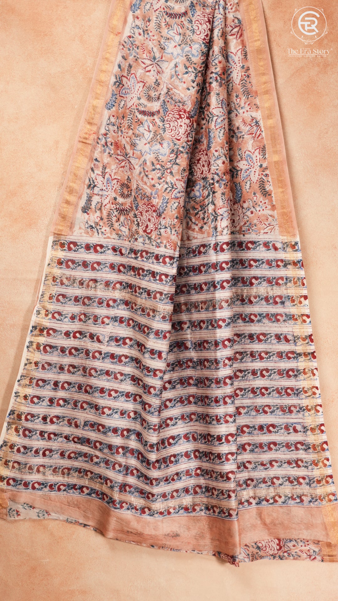 Beige Pink Floral Handblocked Pure Maheshwari Cotton Sarees