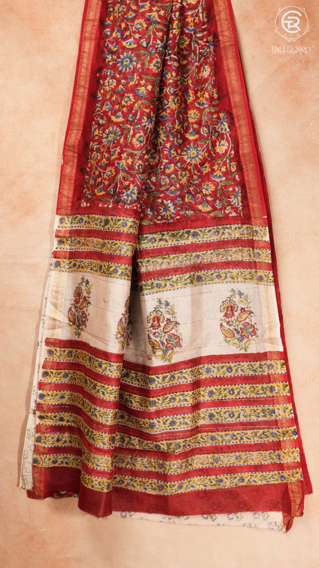 Red & Yellow Floral Handblocked Pure Maheshwari Cotton Sarees