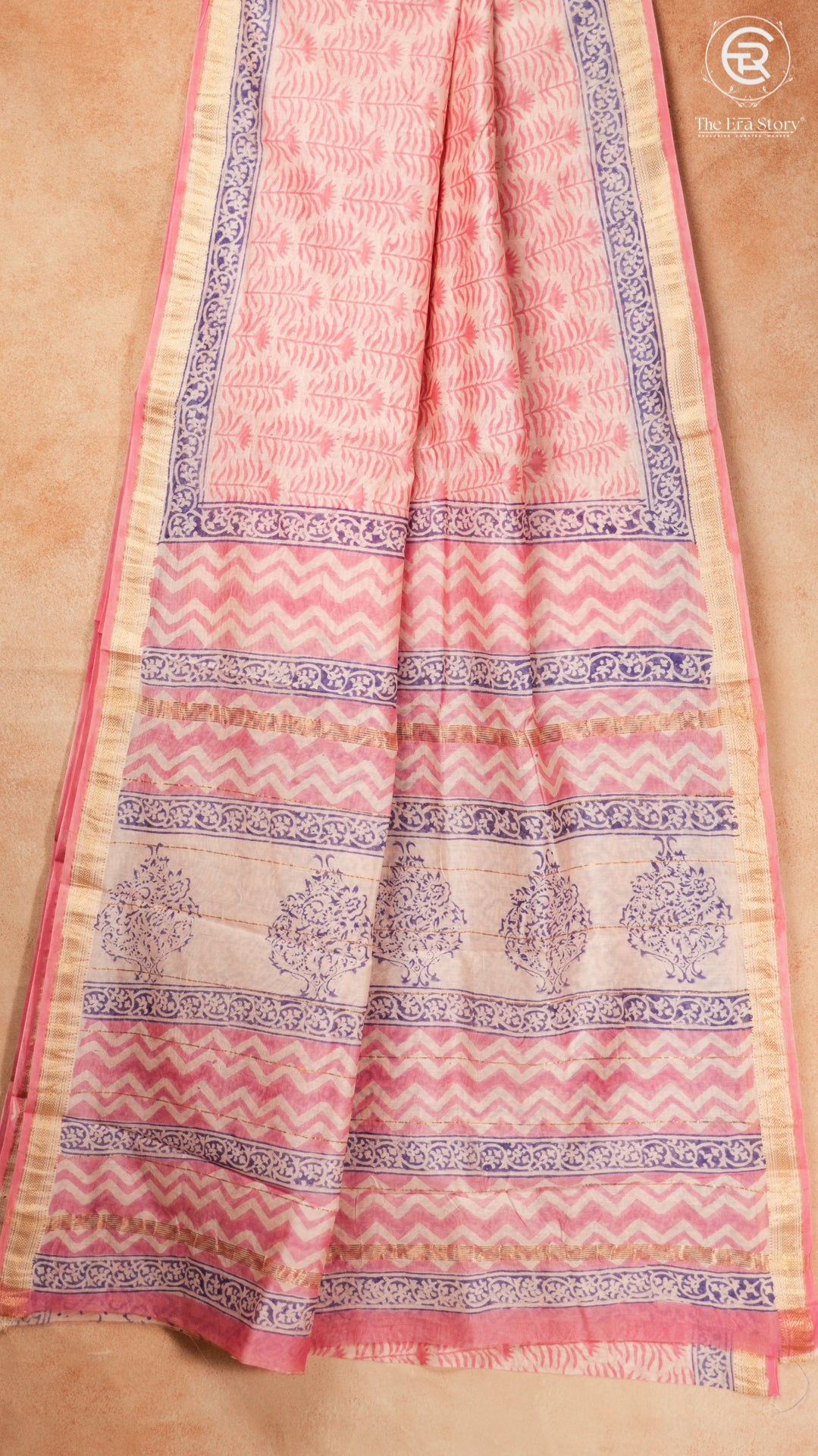 Mild Pink Floral Handblocked Pure Maheshwari Cotton Sarees