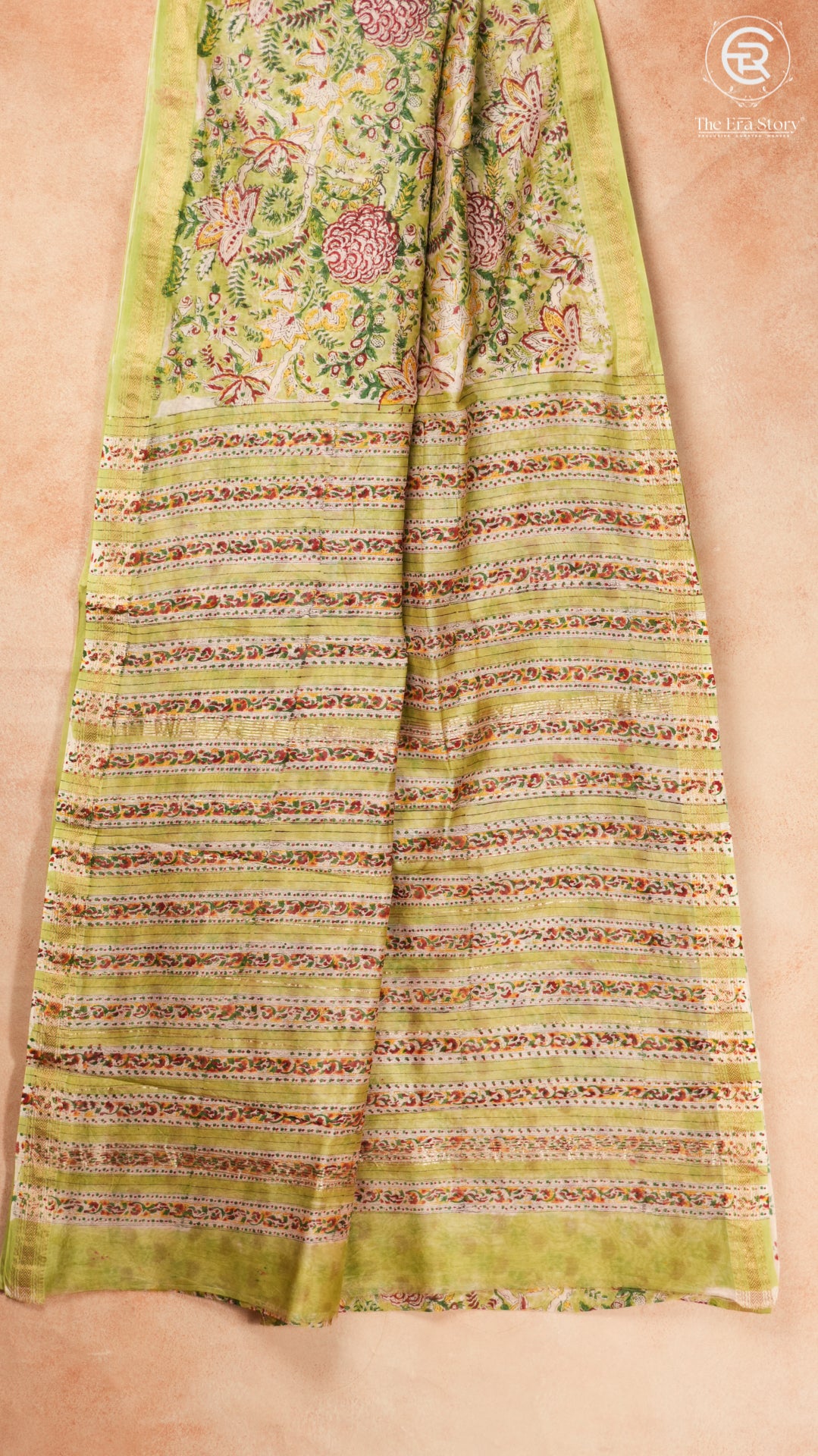 Forest Green Floral Handblocked Pure Maheshwari Cotton Sarees