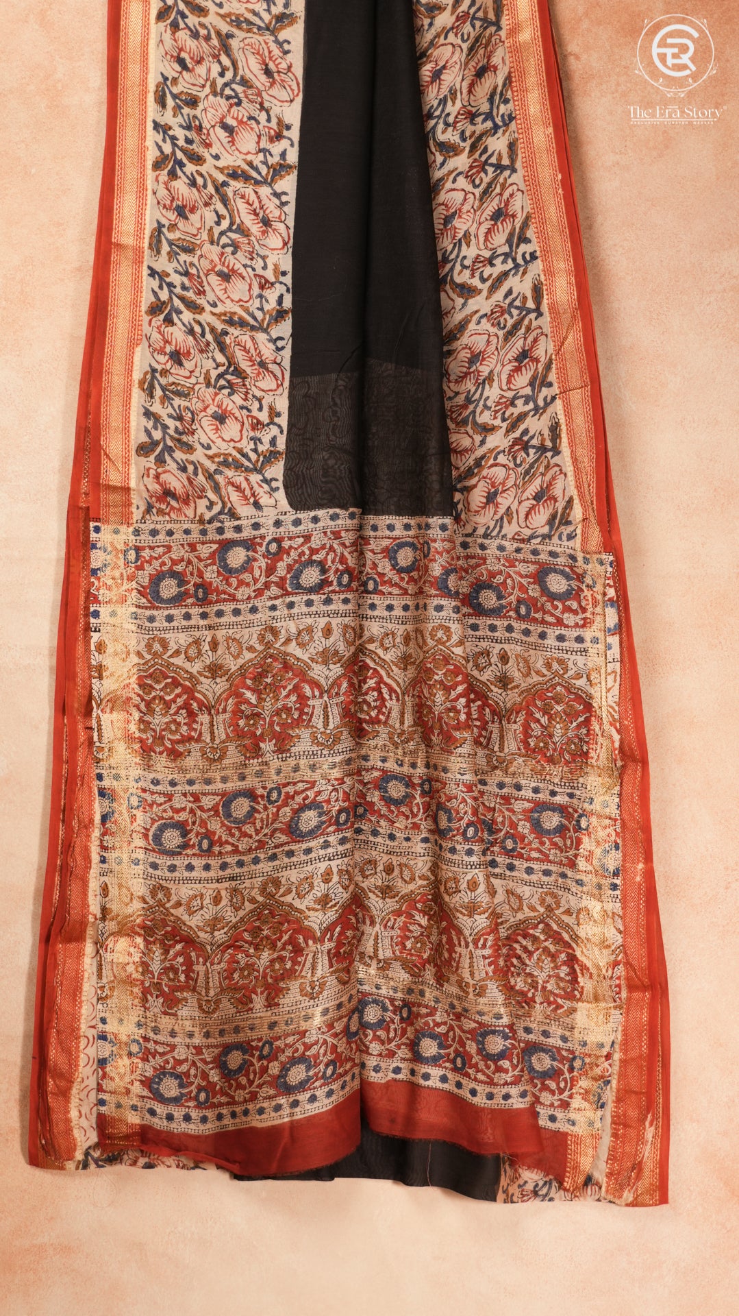 Black and Beige Floral Handblocked Pure Maheshwari Cotton Sarees