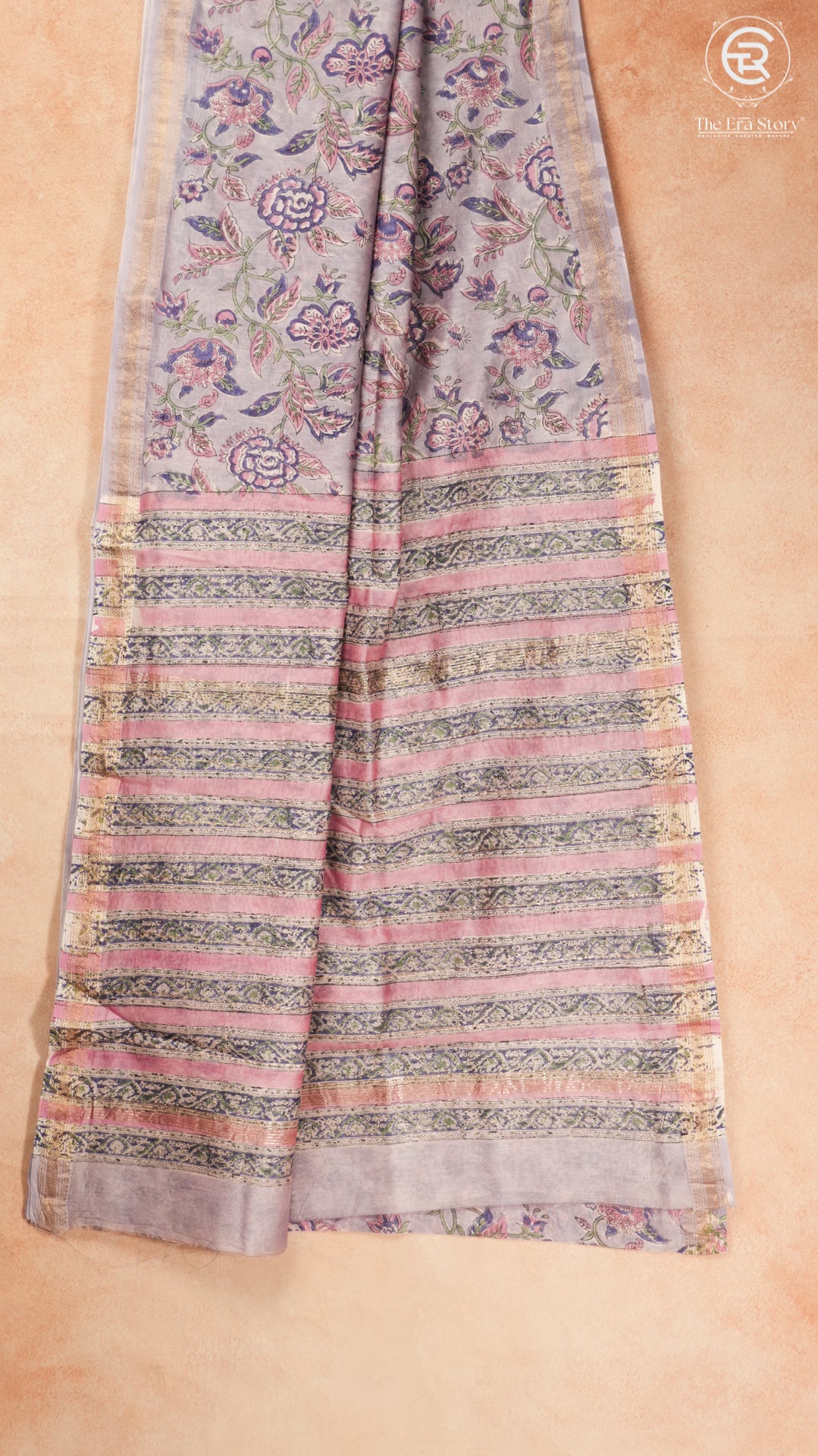 Lavender & Blue Floral Handblocked Pure Maheshwari Cotton Sarees
