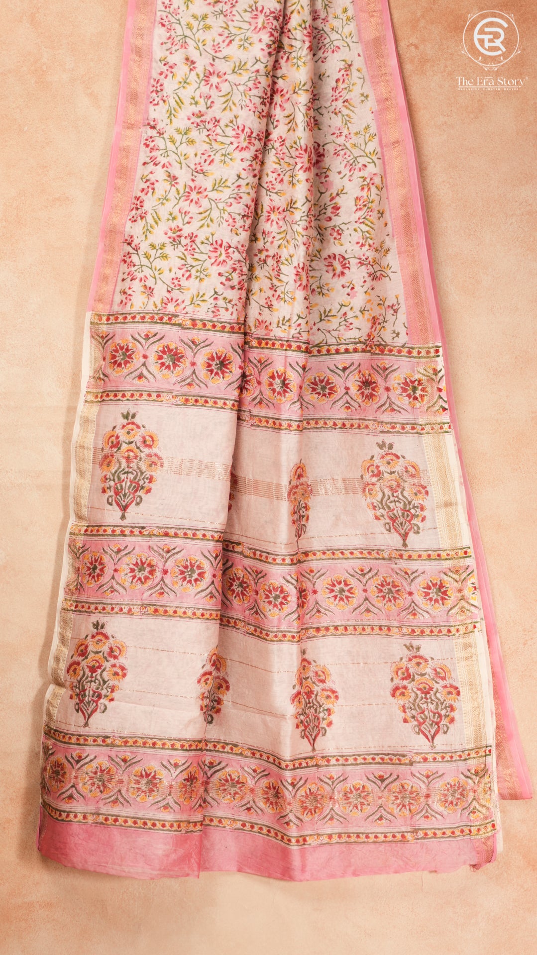 Pink Vine Floral Handblocked Pure Maheshwari Cotton Sarees