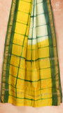 White, Yellow & Blue Ombre Checked Handblocked Pure Maheshwari Cotton Sarees