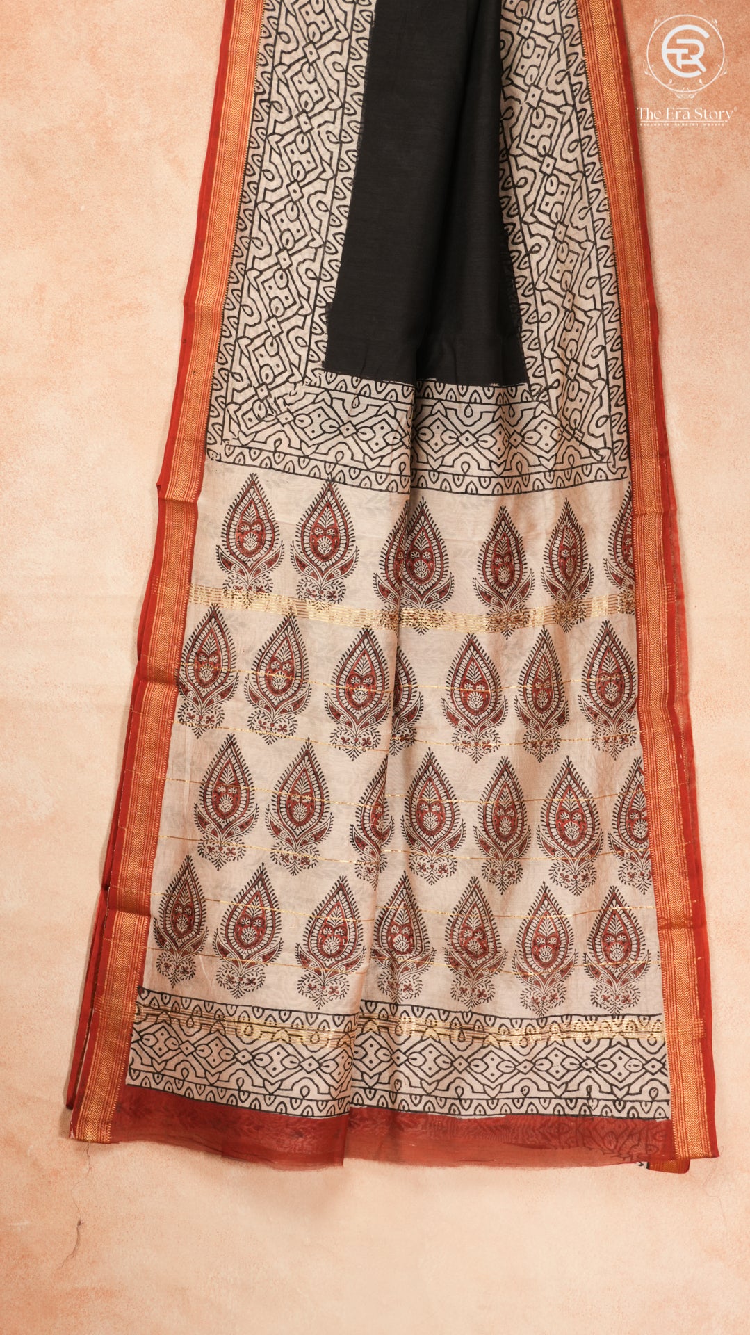 Black & Beige Cone Pattern Handblocked Pure Maheshwari Cotton Sarees