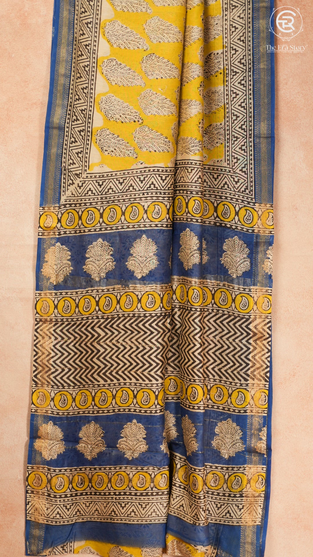 Yellow & Blue Floral Handblocked Pure Maheshwari Cotton Sarees