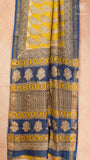 Yellow & Blue Floral Handblocked Pure Maheshwari Cotton Sarees