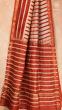 White & Red Line Patterned Handblocked Pure Maheshwari Cotton Sarees