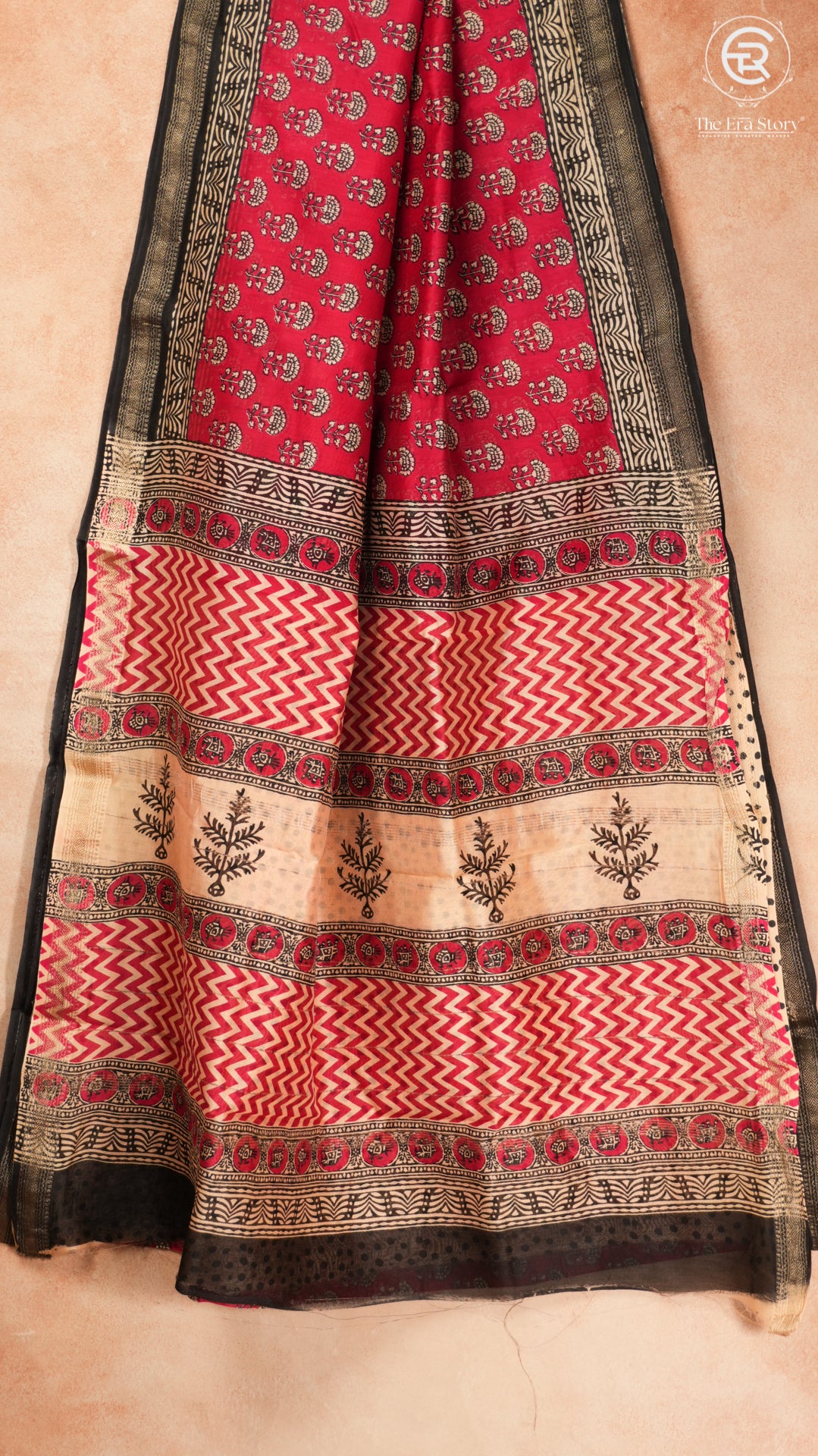Ruby Pink & Beige Handblocked Pure Maheshwari Cotton Sarees