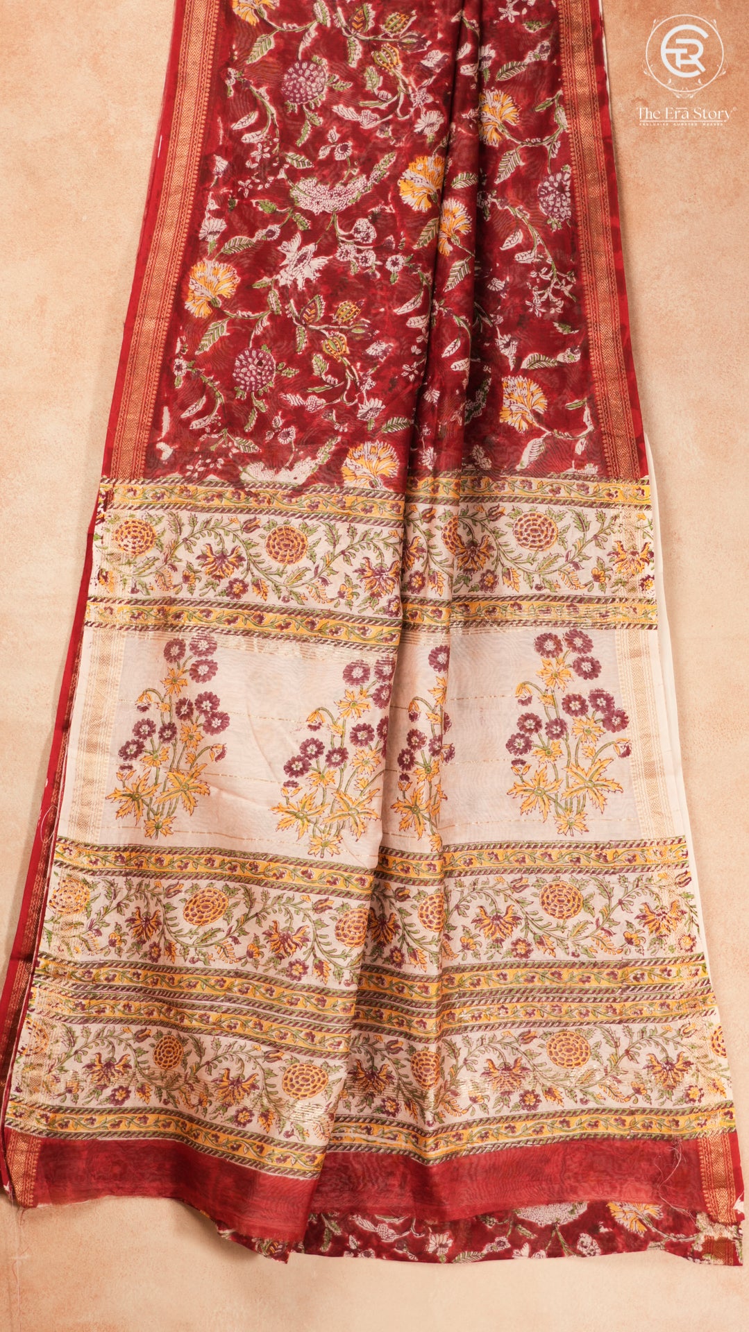 Bright Red & Yellow Floral Handblocked Pure Maheshwari Cotton Sarees