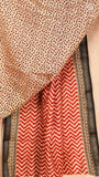 White & Red ZigZag Handblocked Pure Maheshwari Cotton Sarees