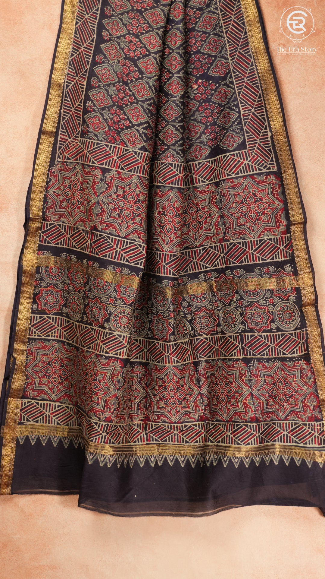 Blue Ajrakh Inspired Floral Handblocked Pure Maheshwari Cotton Sarees