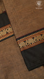 Mauve Brown Line Patterned Temple Border Handloom Narayanpet Cotton Saree