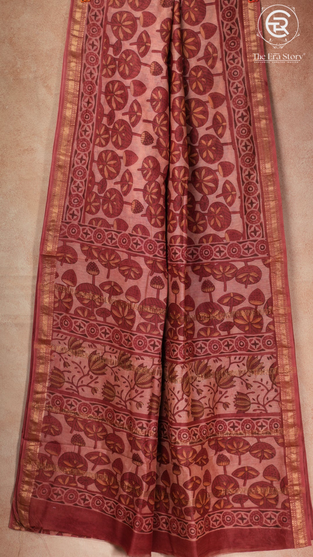 Beige & Maroon Lotus Leaf Handblocked Pure Maheshwari Cotton Sarees