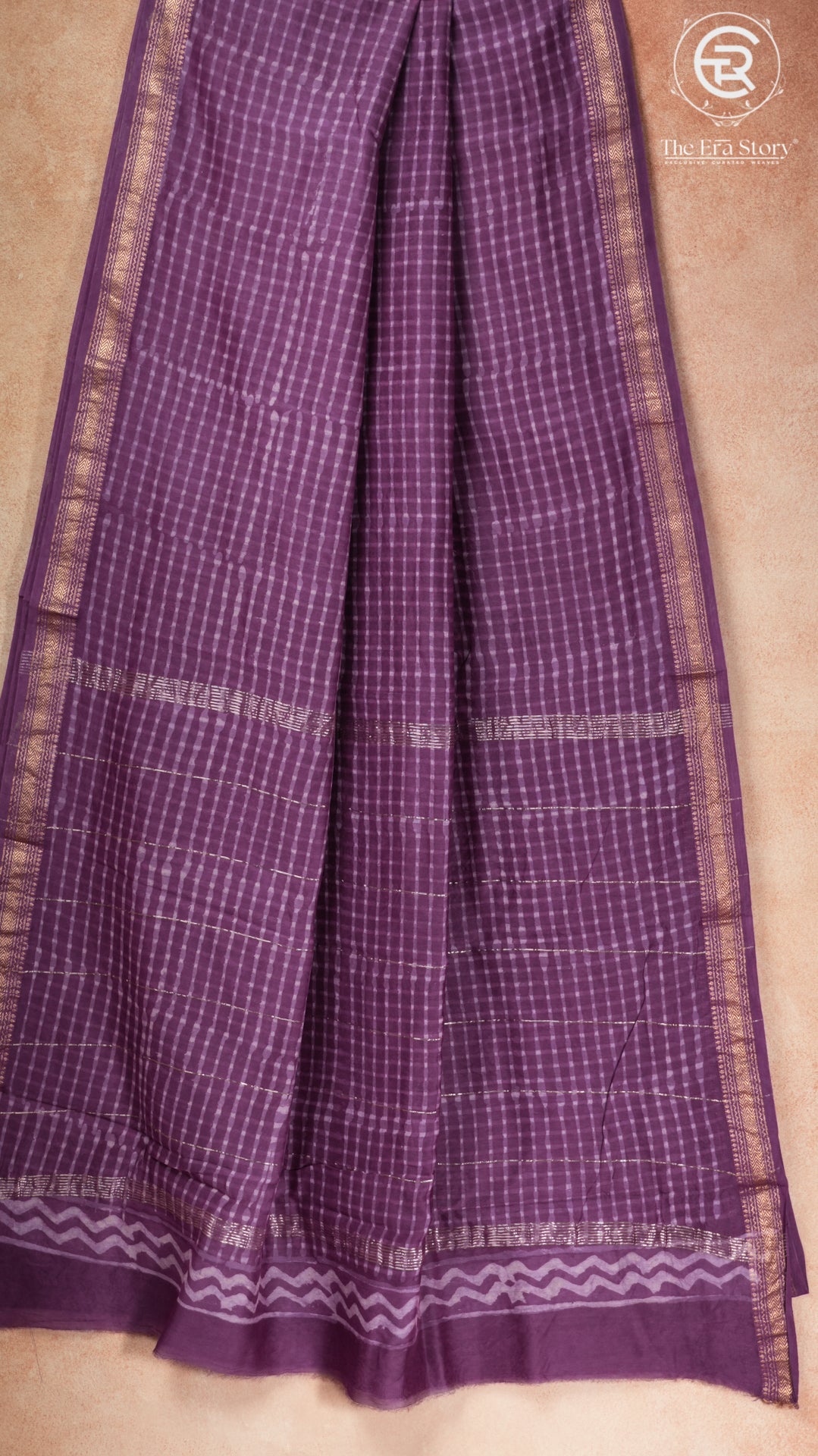 Purple Checkered Handblocked Pure Maheshwari Cotton Sarees