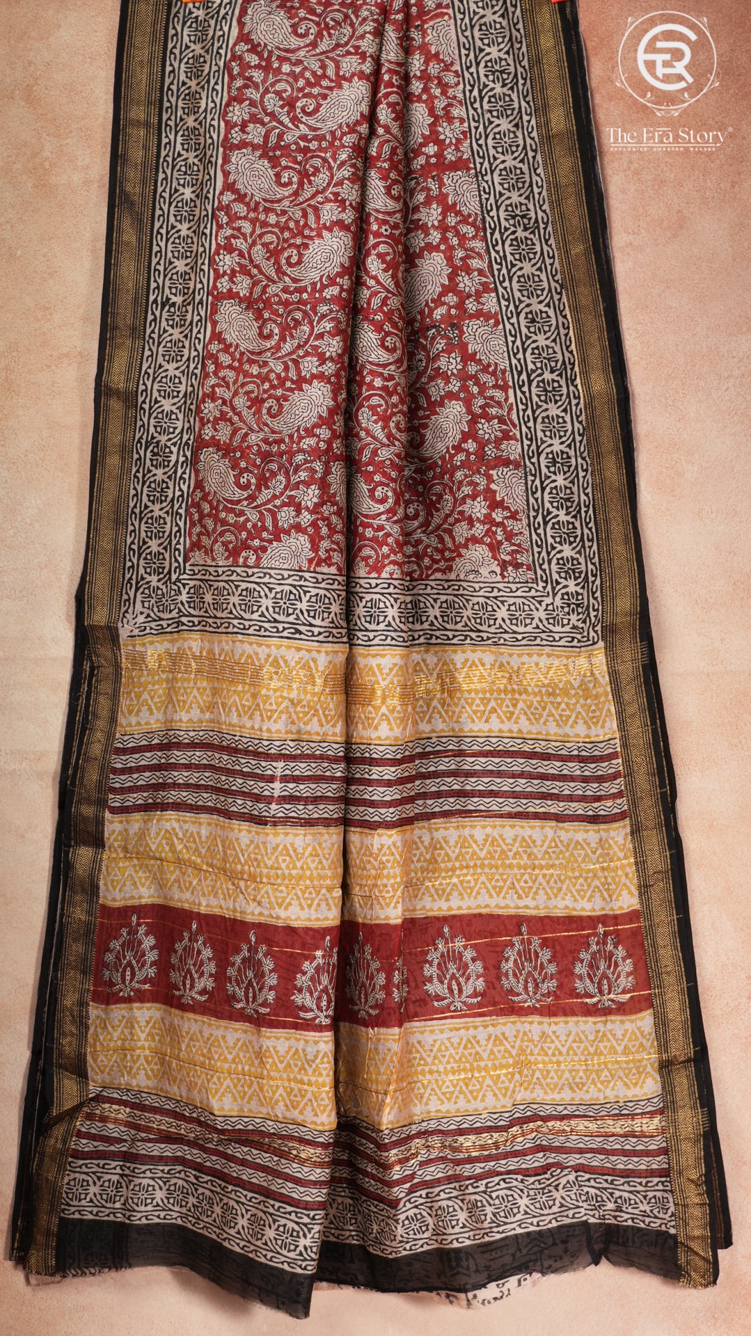 Red & Yellow Floral Handblocked Pure Maheshwari Cotton Sarees