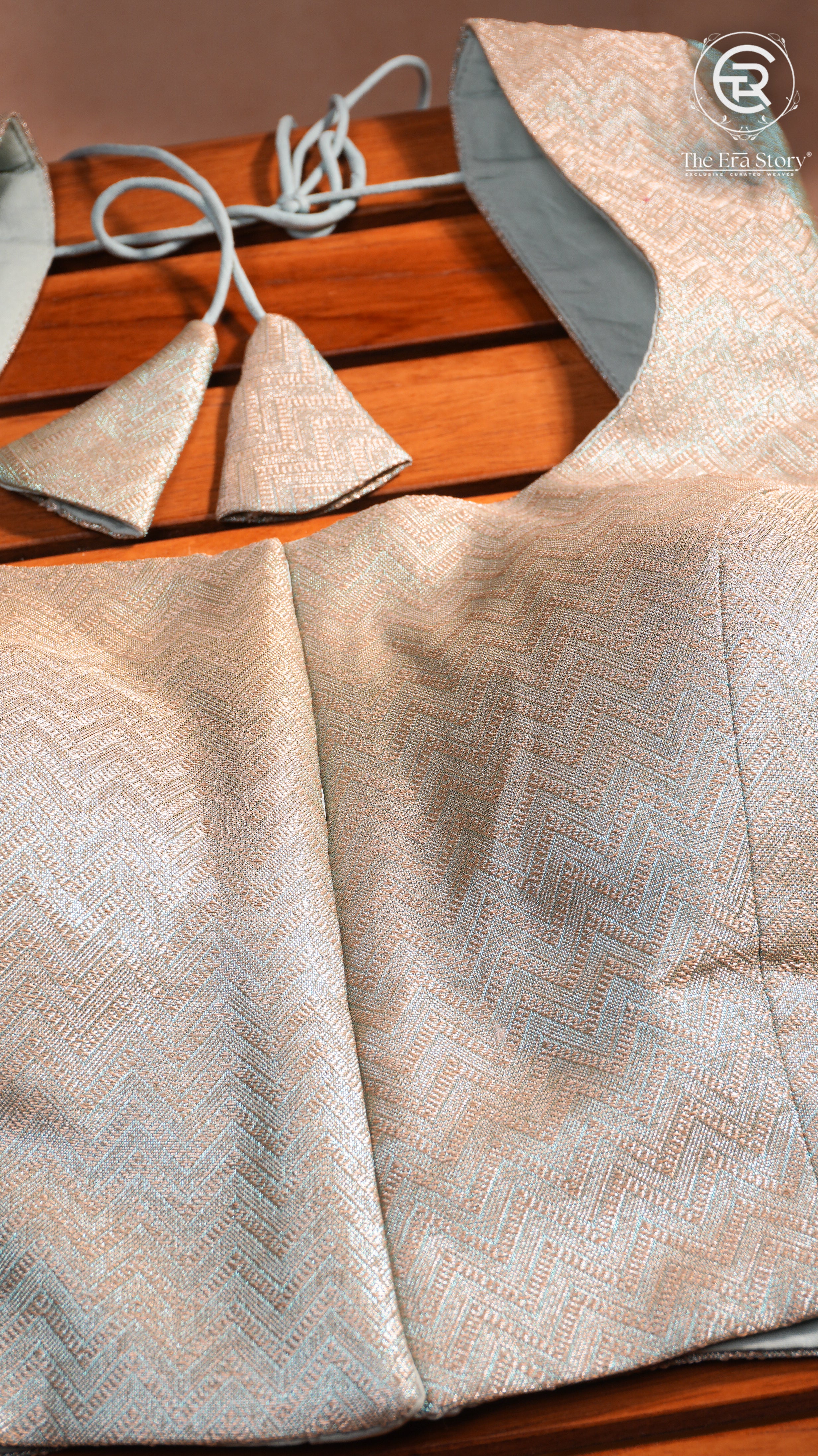 Turquoise & Gold Zig Zag Patterned Designer Silk Blouse