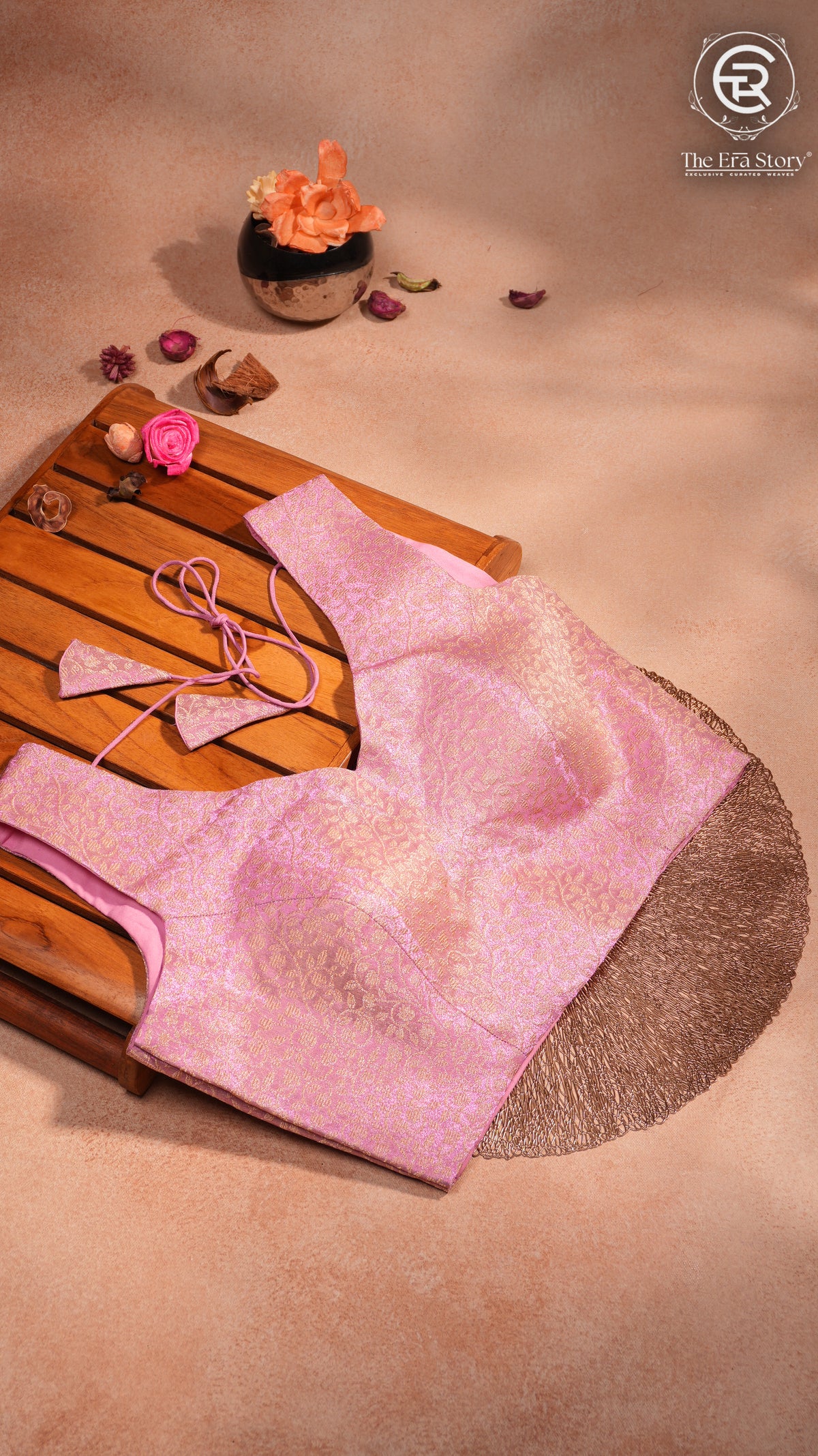 Rich Pink & Gold Floral Sleeveless Designer Silk Blouse
