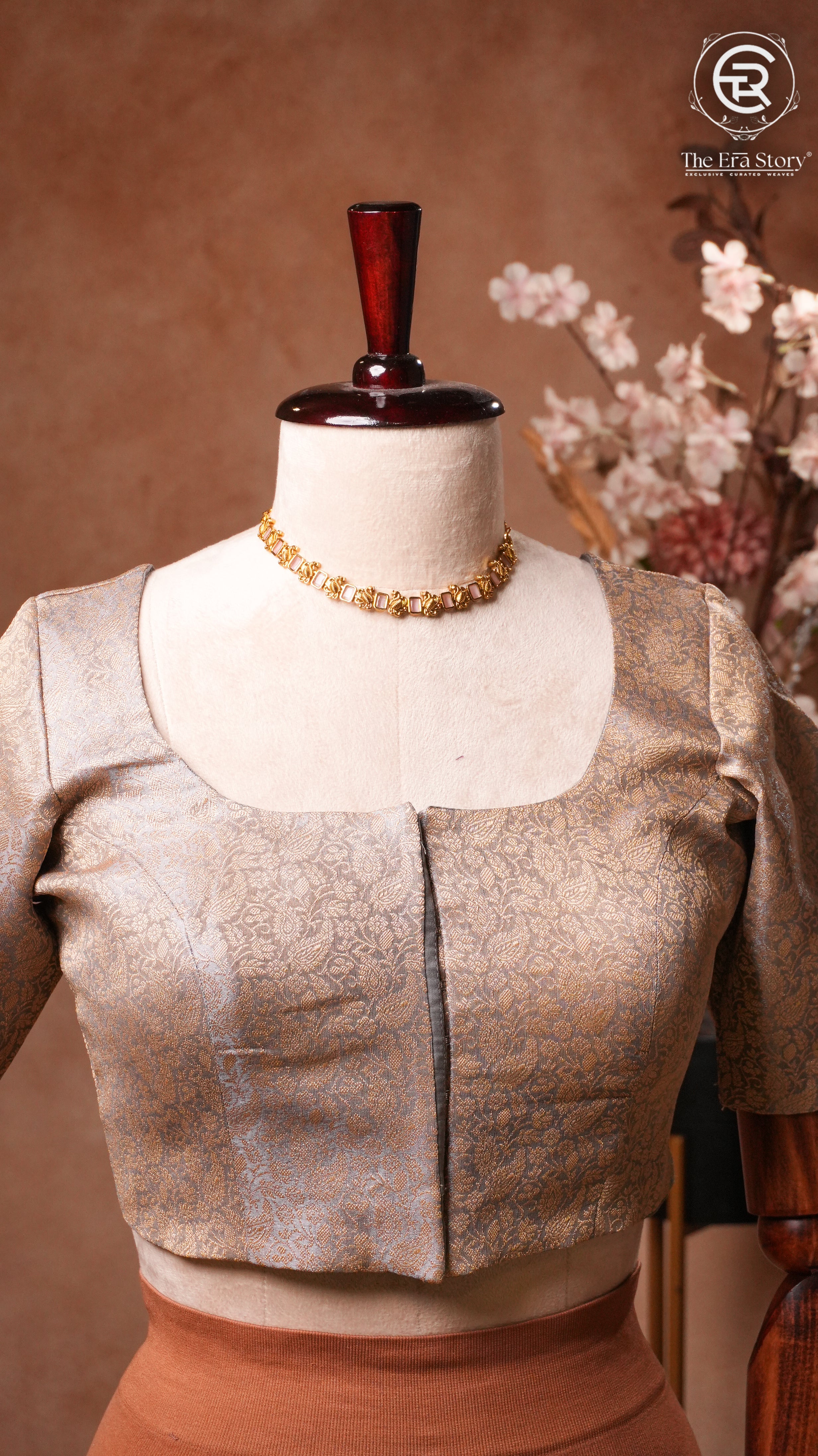 Rich Gray & Gold Floral Designer Silk Blouse