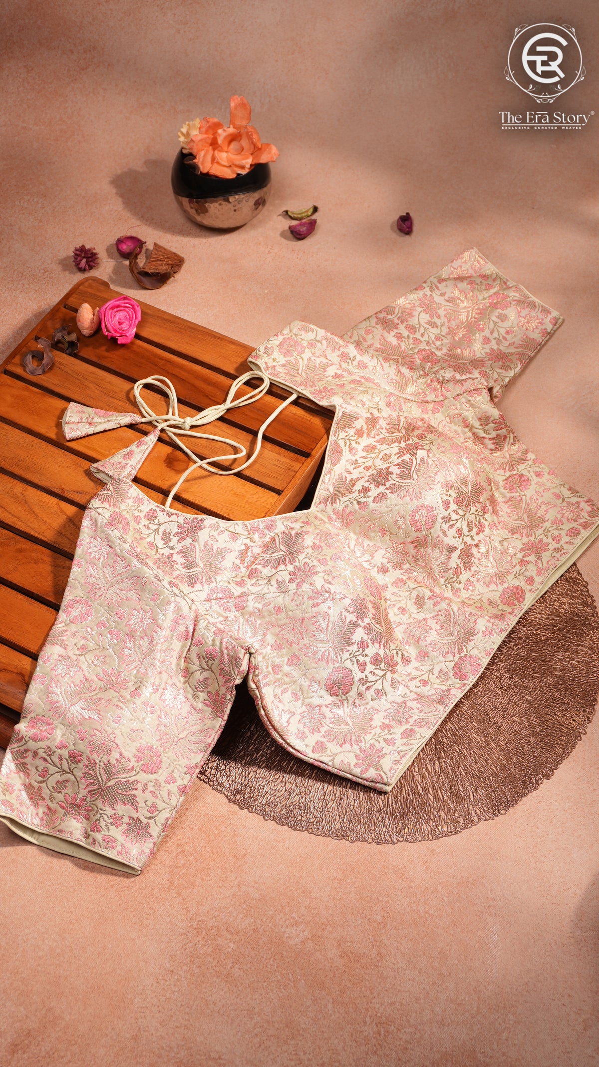 Off-white, Pink and Gold Floral Designer Silk Blouse