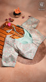 Teal Blue, Pink and Gold Floral Designer Silk Blouse