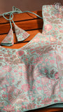 Teal Blue, Pink and Gold Floral Designer Silk Blouse