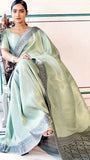 Tea Green and Blue Zari Handloom Banarasi Silk Saree