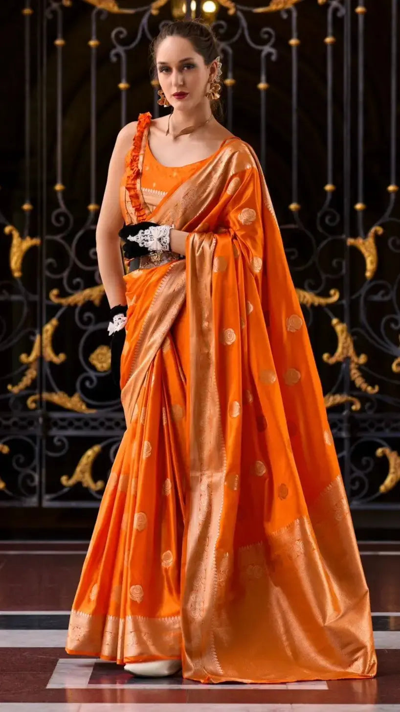 Orange Butta Patterned Satin Munga Silk Saree