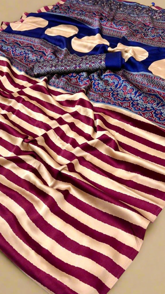Gold and Wine Red Striped Ajrakh Satin Gajji Silk Saree