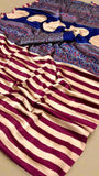 Gold and Wine Red Striped Ajrakh Satin Gajji Silk Saree