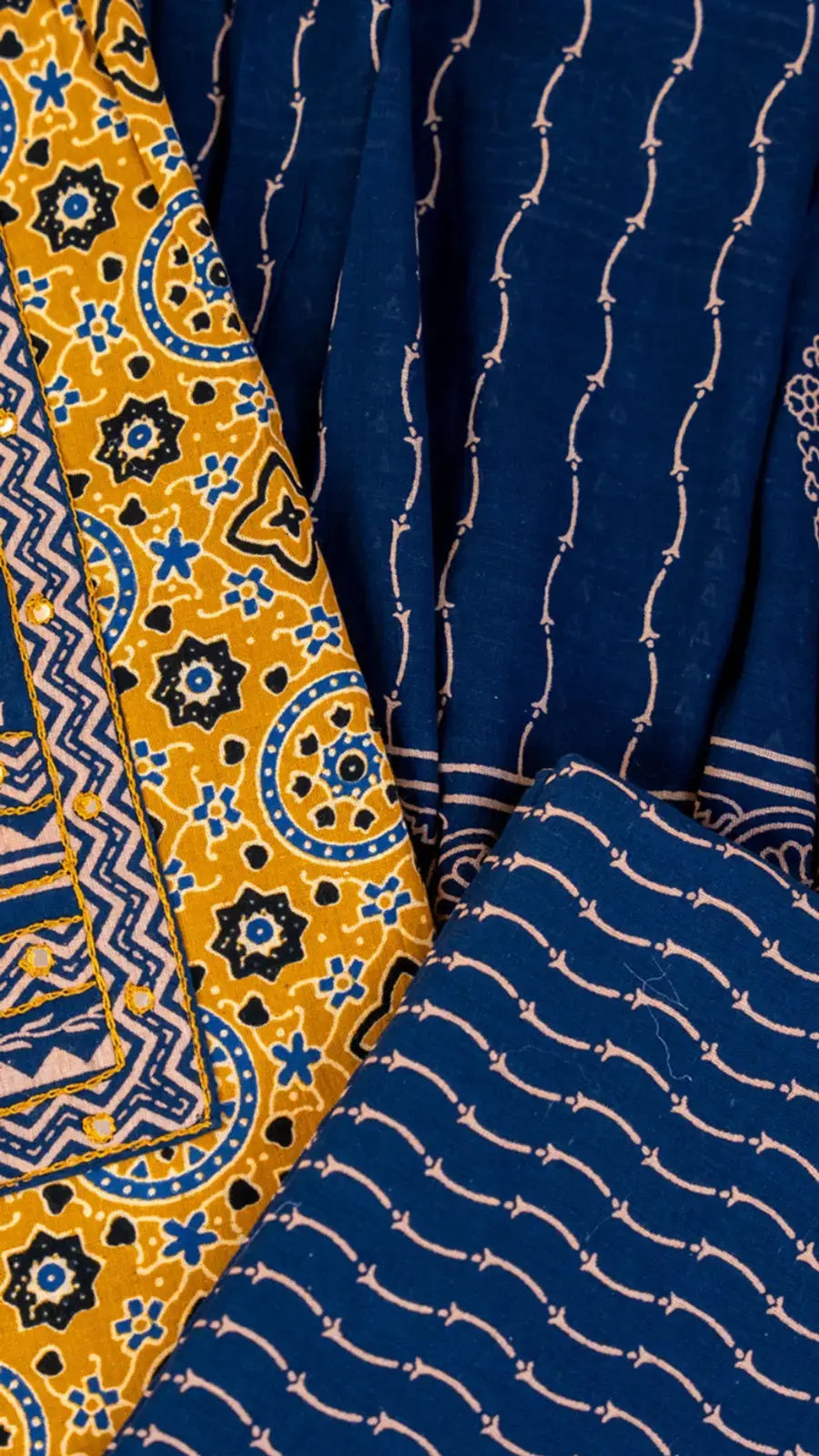 Golden Yellow and Blue Ajrakh Cotton Salwar Set
