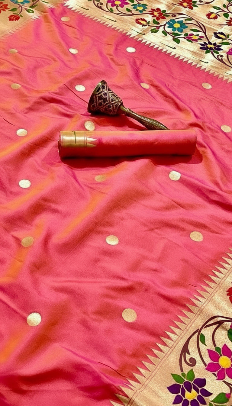 Peach and Gold Floral Paithani Soft Silk Sarees