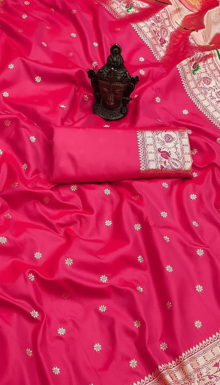 Bright Pink Meenakari Peacock Paithani Soft Silk Sarees